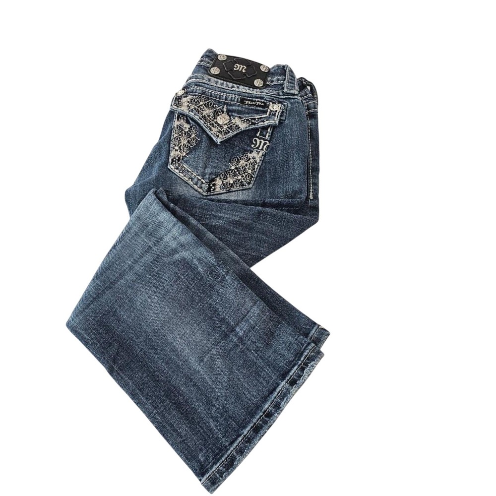 Miss Me Size 27 Jeans Fleur De Lis Rhinestone Capri Sequin Flap Pocket Crop - Picture 10 of 12
